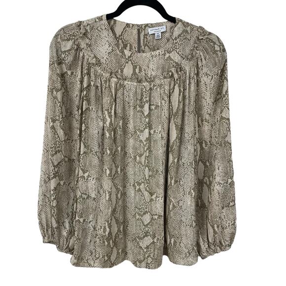 Current Air Ruffle Trim Cream Snake Print Long Sleeve Peasant Top Medium - Picture 1 of 7